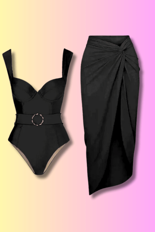 Élégance classique en Maillot de Bain Femme | 2 Pièces Stylé noir, associées à une jupe portefeuille paréo chic sur un fond bicolore de BREEZEBEEZ.