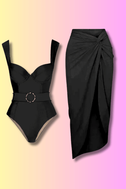 Un "Maillot de Bain Femme Noir" noir chic associé à une élégante jupe noire drapée sur un fond bicolore rose et jaune, affichant une option de tenue élégante de BREEZEBEEZ.