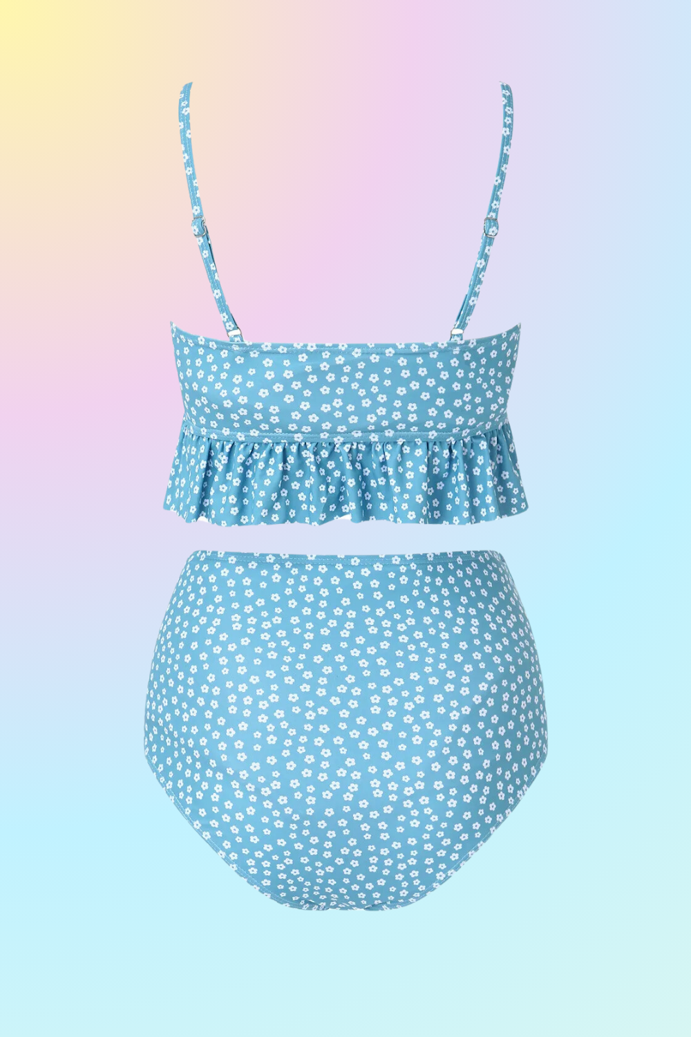 Un maillot de bain BREEZEBEEZ pour femme enceinte, deux pièces élégantes avec un motif de marguerites sur un fond pastel dégradé, conçu pour l'ÉTÉ.