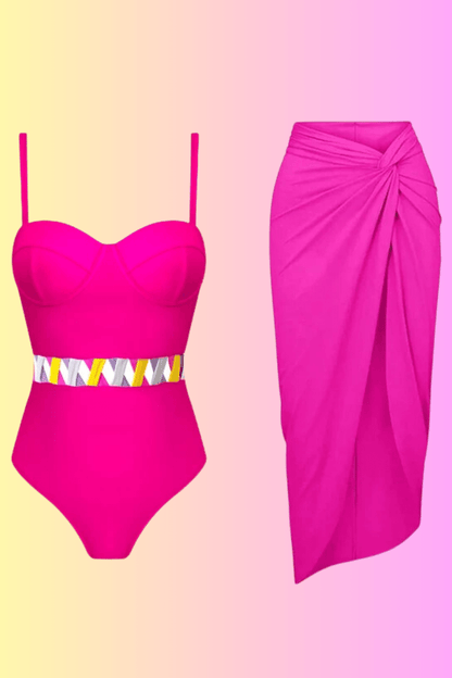 Un fuchsia vibrant Maillot de Bain Femme | Ensemble 2 Pièces Elégant comprenant un body sans bretelles avec une ceinture colorée et une jupe portefeuille assortie de BREEZEBEEZ.