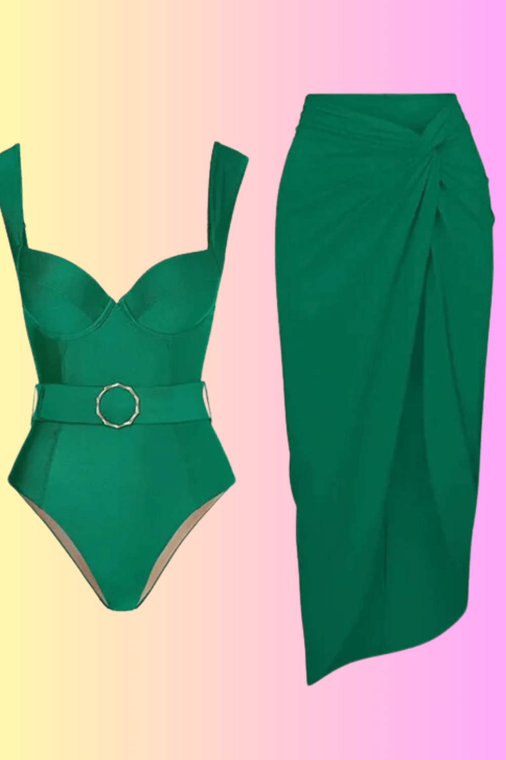 Élégant ensemble deux pièces vert émeraude comprenant un corsage structuré avec une ceinture chic, associé à une jupe drapée asymétrique, conçue pour être très belle et confortable pour profiter des vacances.Nom du produit: Maillot de Bain Femme 2 Pièces Nom de la marque : BREEZEBEEZ