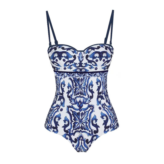 Élégant Maillot de Bain Femme Elégant avec motif en porcelaine bleue et blanche conçu par BREEZE BEEZ.