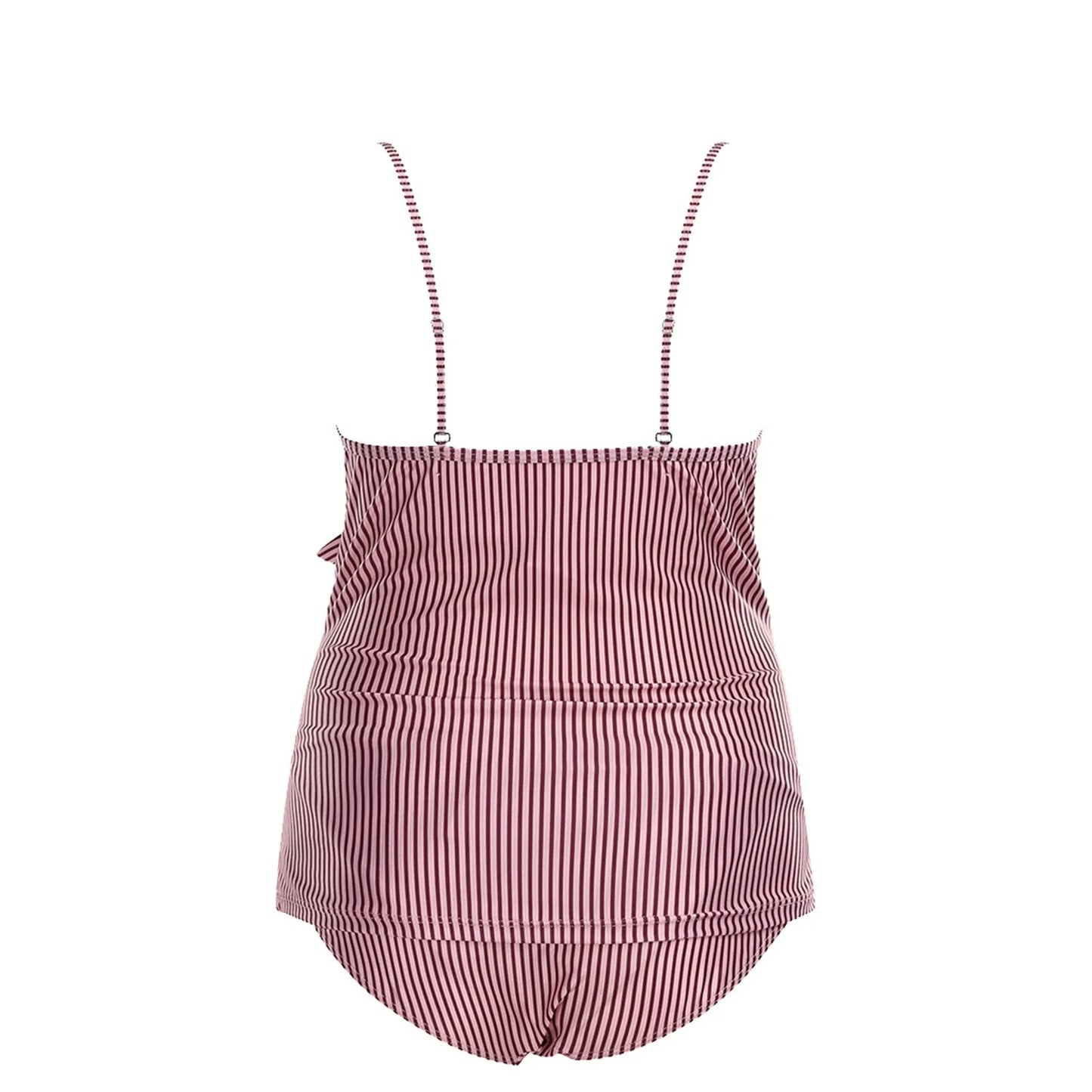 Maillot de bain une pièce rayé BREEZE BEEZ maillot de bain femme enceinte avec détails volants et bretelles réglables sur fond blanc.