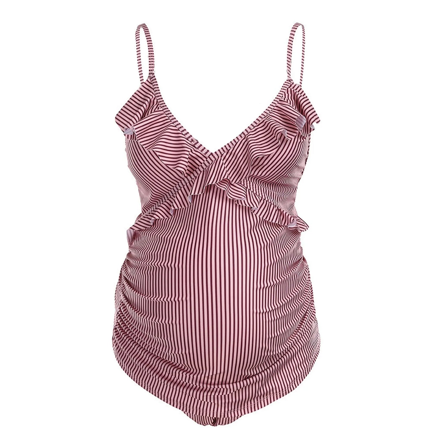 Maillot de Bain Femme Enceinte rayé rouge et blanc de BREEZE BEEZ unique avec des détails de volants et un nœud sur fond blanc.