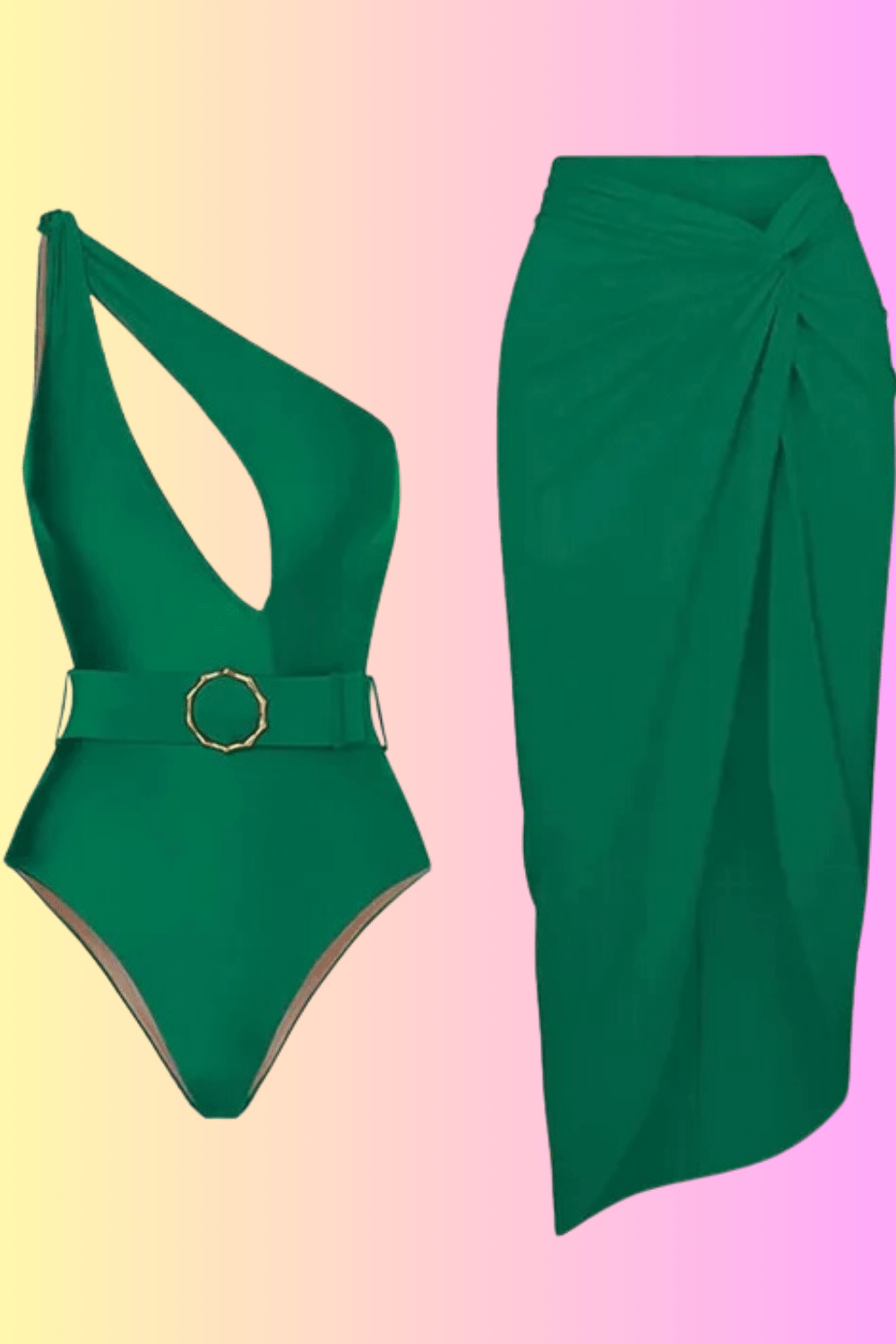 Un élégant Maillot de Bain Femme 2 Pièces vert à une épaule, associé à un paréo vert assorti, doté d'une boucle de ceinture coordonnée, sur un fond pastel bicolore de Sylvia CORRE.