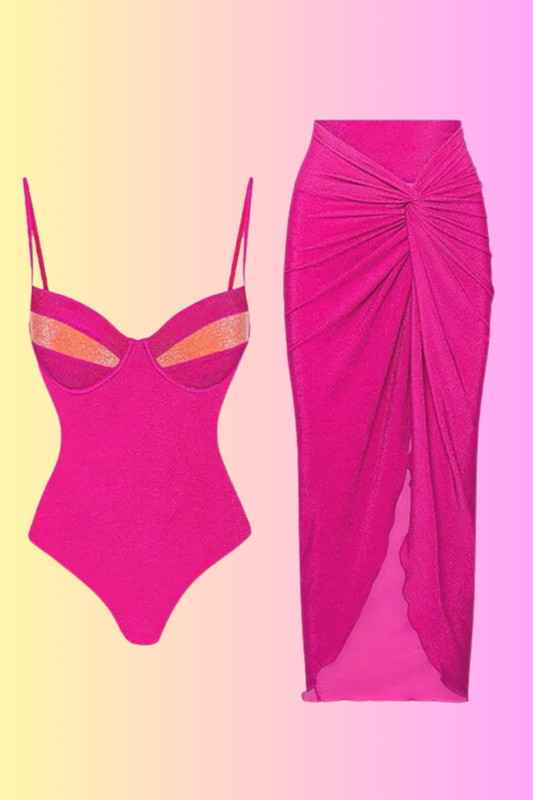 Un rose vif Maillot de Bain Femme | Haut 2 Pièces Stylé associé à une jupe longue assortie, sur un fond bicolore rose et jaune, mettant en valeur un concept de tenue d'été stylée qui allie durabilité et style pour un confort optimal par BREEZE BEEZ