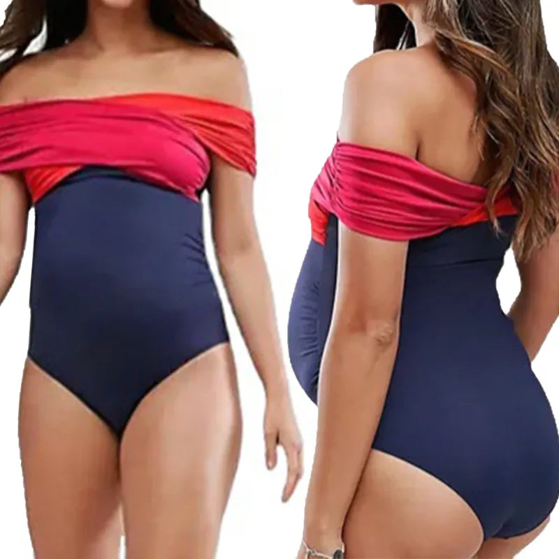 Une femme portant un élégant maillot de bain une pièce Maillot de Bain Femme Enceinte de BREEZEBEEZ, comprenant un corps bleu avec un haut bustier rouge-orange contrastant qui s'enroule autour des épaules. L'image présente les vues avant et arrière de ce maillot de bain confortable.