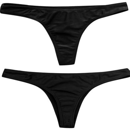 Une paire de bas maillot de bain femme noir BREEZE BEEZ affiché sur un fond neutre, avec la pièce du haut montrant la vue de visage et la pièce du bas montrant la