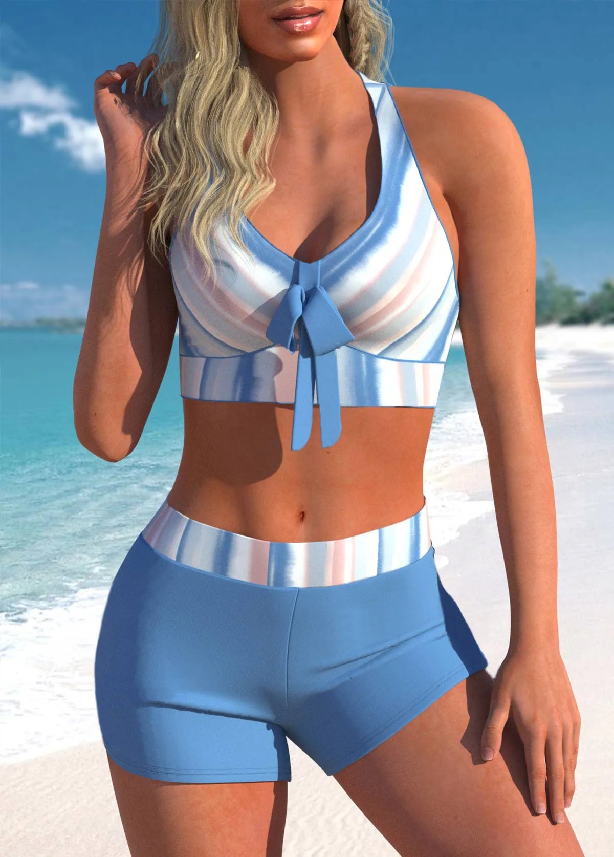 Une personne debout sur le sable portant un BREEZE BEEZ Maillot de Bain Bleu 2 Pièces Design XS-8XL avec un ciel clair et les eaux turquoise de la mer en arrière-plan.