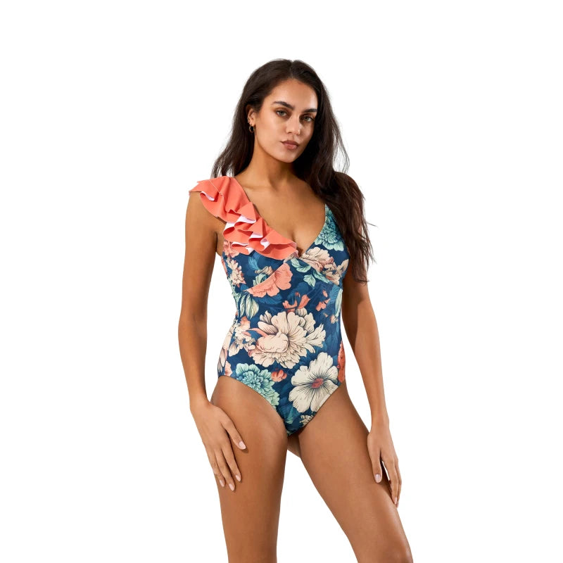 Maillot de Bain une Pièce à Imprimé Rétro en V