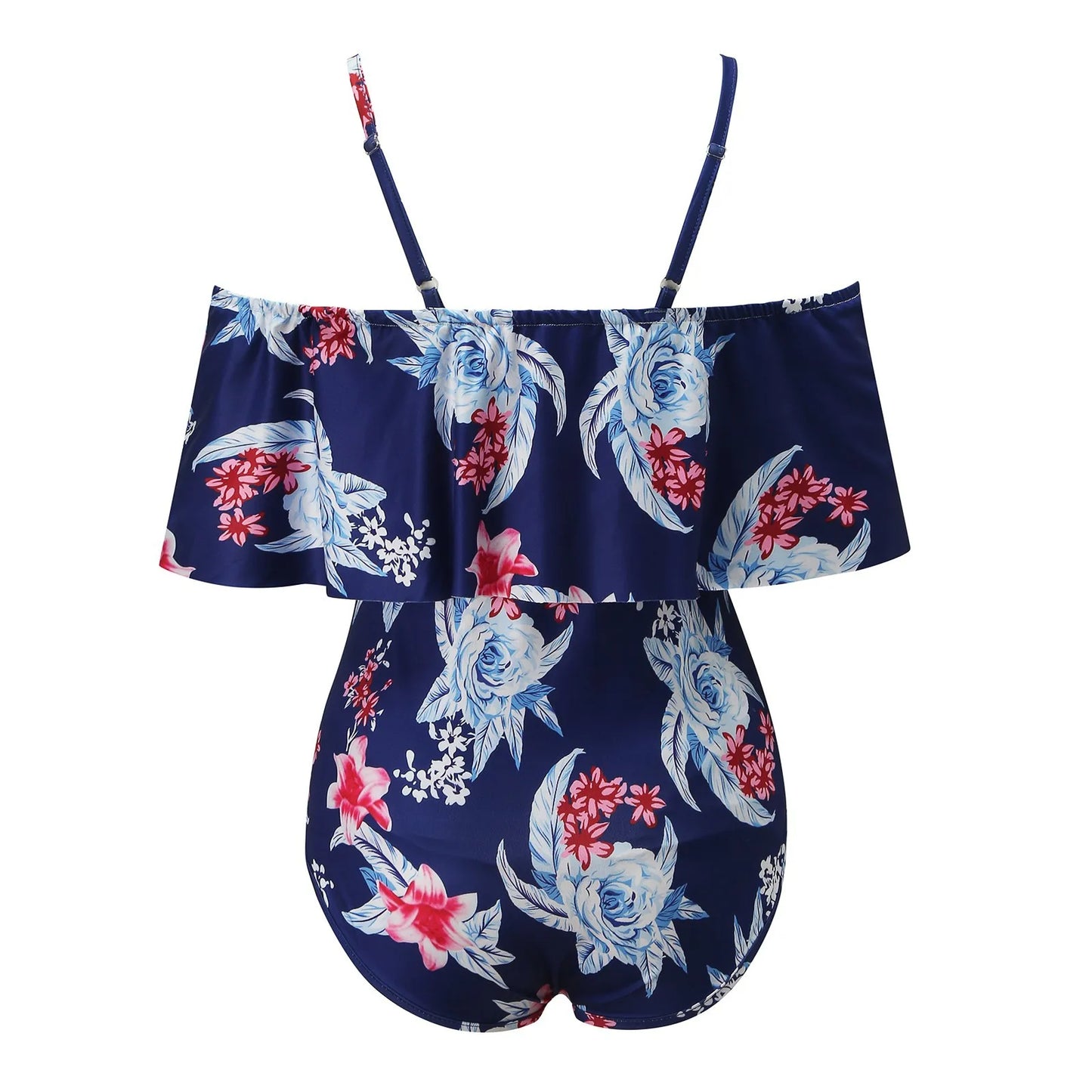 Combishort épaules dénudées fleuries bleu marine à fines bretelles, BREEZEBEEZ Maillot de Bain 1 Pièce | Femme enceinte Fleuris.