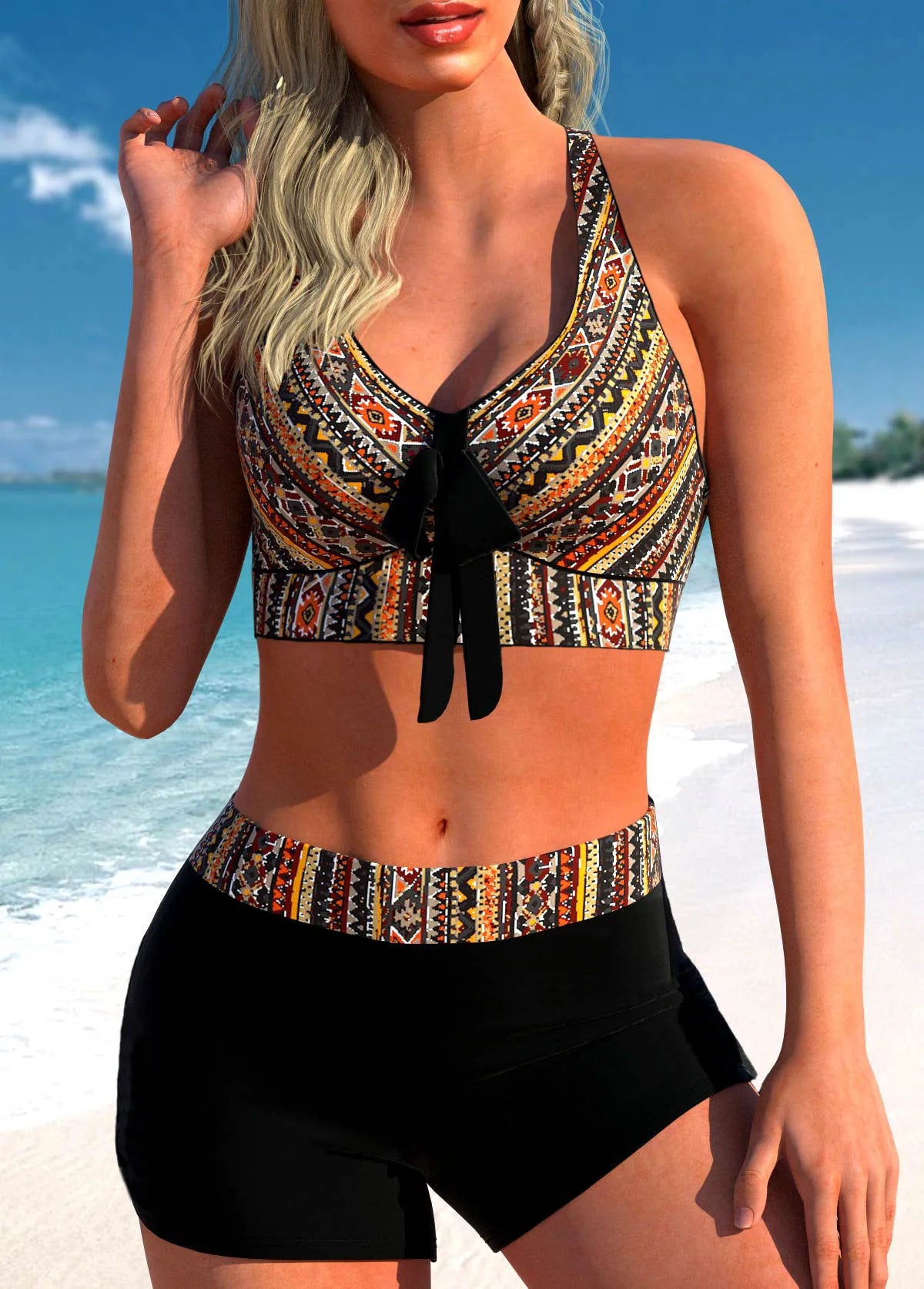 Bienvenue dans notre boutique en ligne, une femme dans un BREEZE BEEZ Maillot de Bain 2 Pièces Noir | Design Elégant XS-8XL avec des accents assortis sur son short noir posé sur une plage de sable avec des eaux cristallines en arrière-plan.