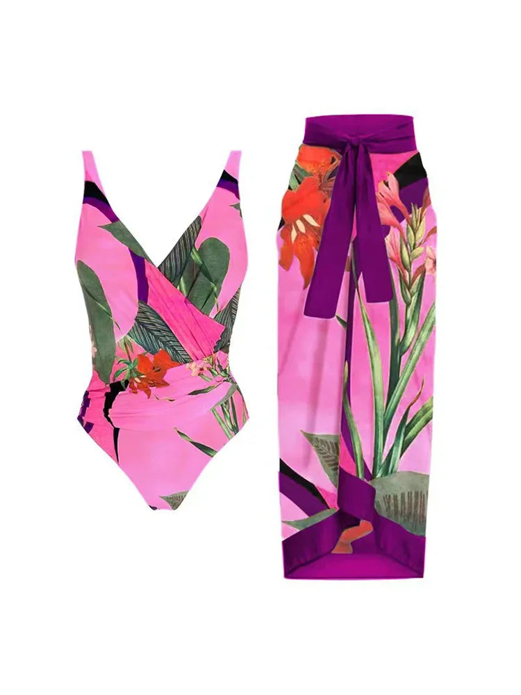 Un rose vif Maillot de Bain Femme 2 Pièces | Style vintage avec imprimé floral tropical associé à un paréo assorti à la taille par BREEZE BEEZ.