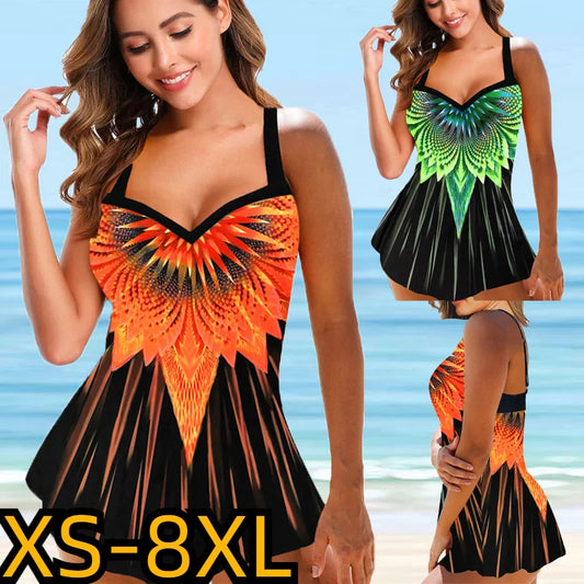 Women Sexy High Waist Beachwear Swim Tankini Monokini Swimwear Two Pieces Loose Backless Swimsuits Vintage Prints Tankinis