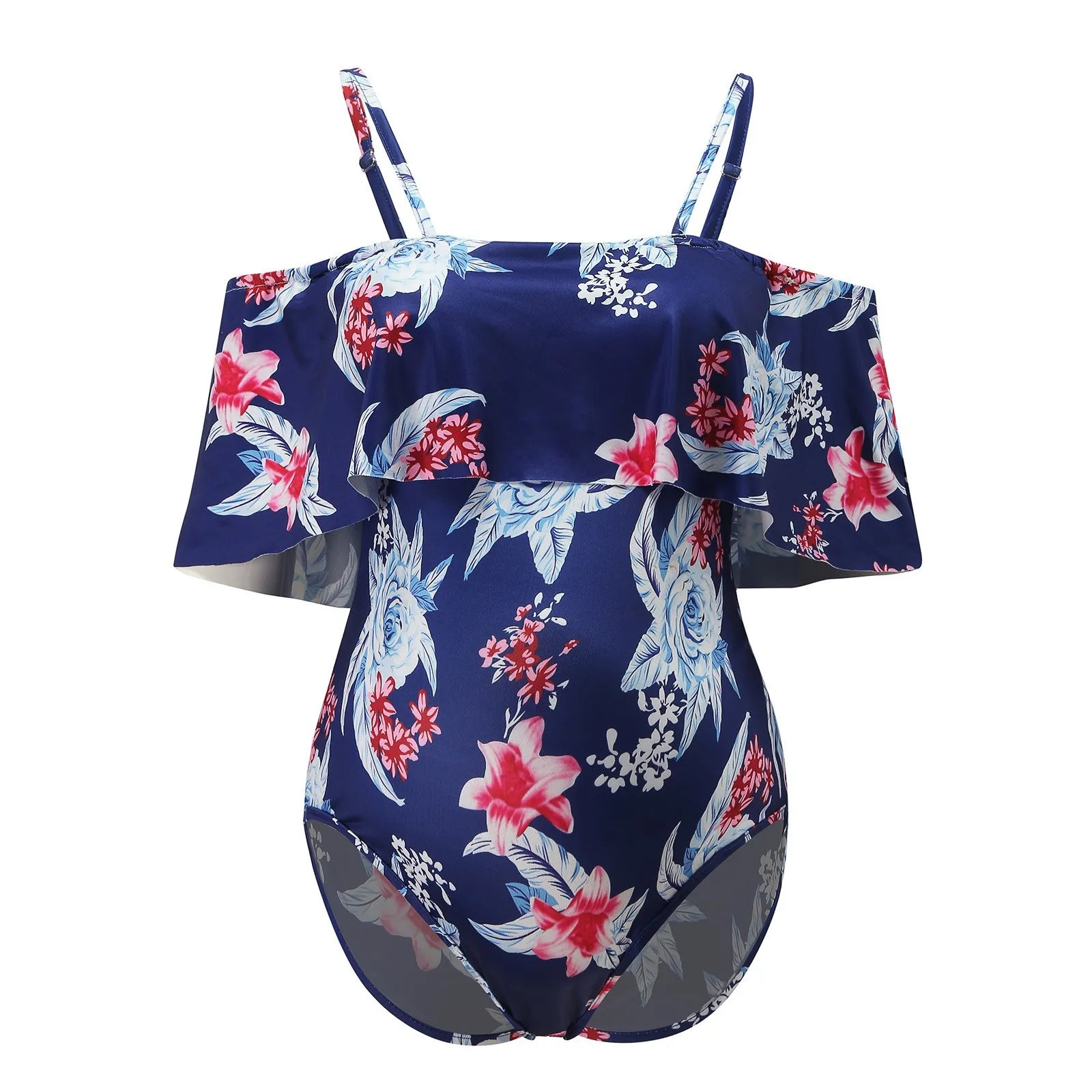 Une pièce de Maillot de Bain 1 Pièce | Femme enceinte Fleuris de BREEZEBEEZ avec un détail à volants hors de l'épaule et des bretelles réglables, isolées sur un