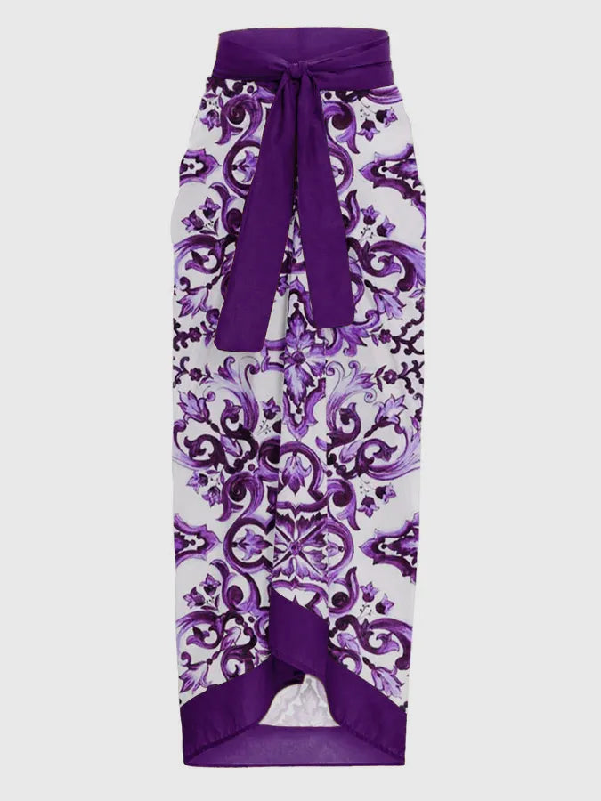 Élégant Maillot de Bain Femme à motifs violets et blancs Jupe crayon élégante avec un nœud papillon à la taille, parfaite pour les vacances par BREEZE BEEZ.