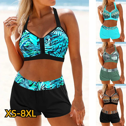 Un collage mettant en avant une variété de Maillots de Bain Shorty pour Femme en deux pièces BREEZEBEEZ, avec des hauts tankini et des shorts dans différentes couleurs et motifs Cyan, disponibles.