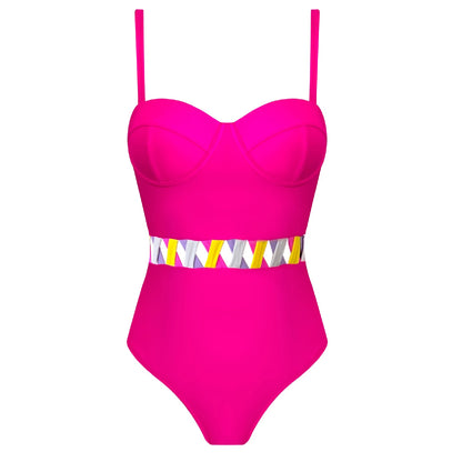 Maillot de Bain Femme 2 Pièces Elégant BREEZEBEEZ rose vif avec ceinture décorative.