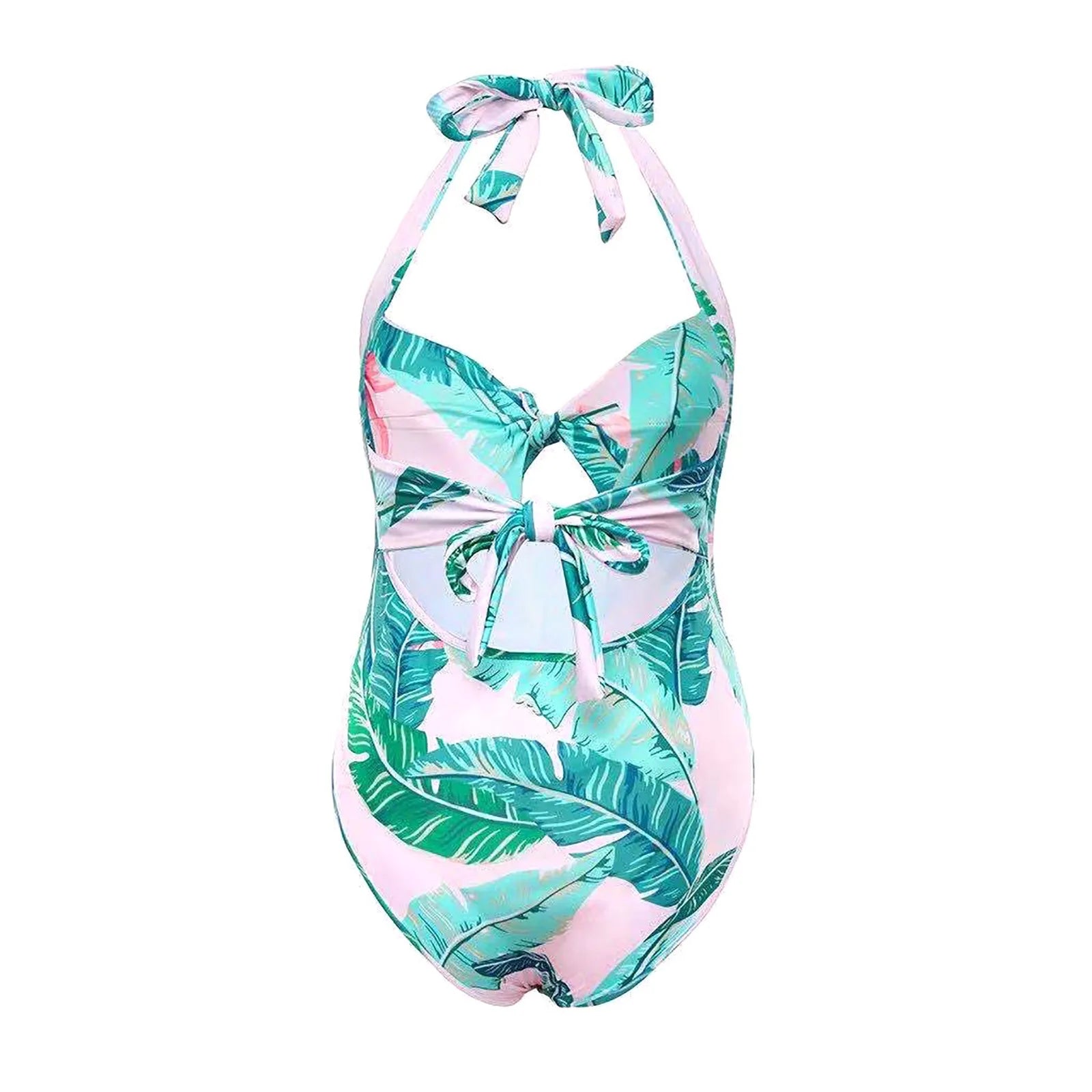 Un maillot dos nu à imprimé feuilles tropicales avec un lien à nouer sur le devant, affiché sur un fond blanc. Product: Maillot de Bain Vert Femme Enceinte| 1 Pièce Modèle #Summer Marque : BREEZEBEEZ