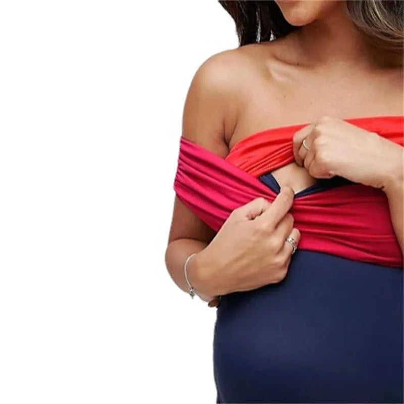 Une personne dans un élégant Maillot de Bain Femme Enceinte | Robe 1 Pièce Bleu ajustant le décolleté pour un look très beau par BREEZEBEEZ.