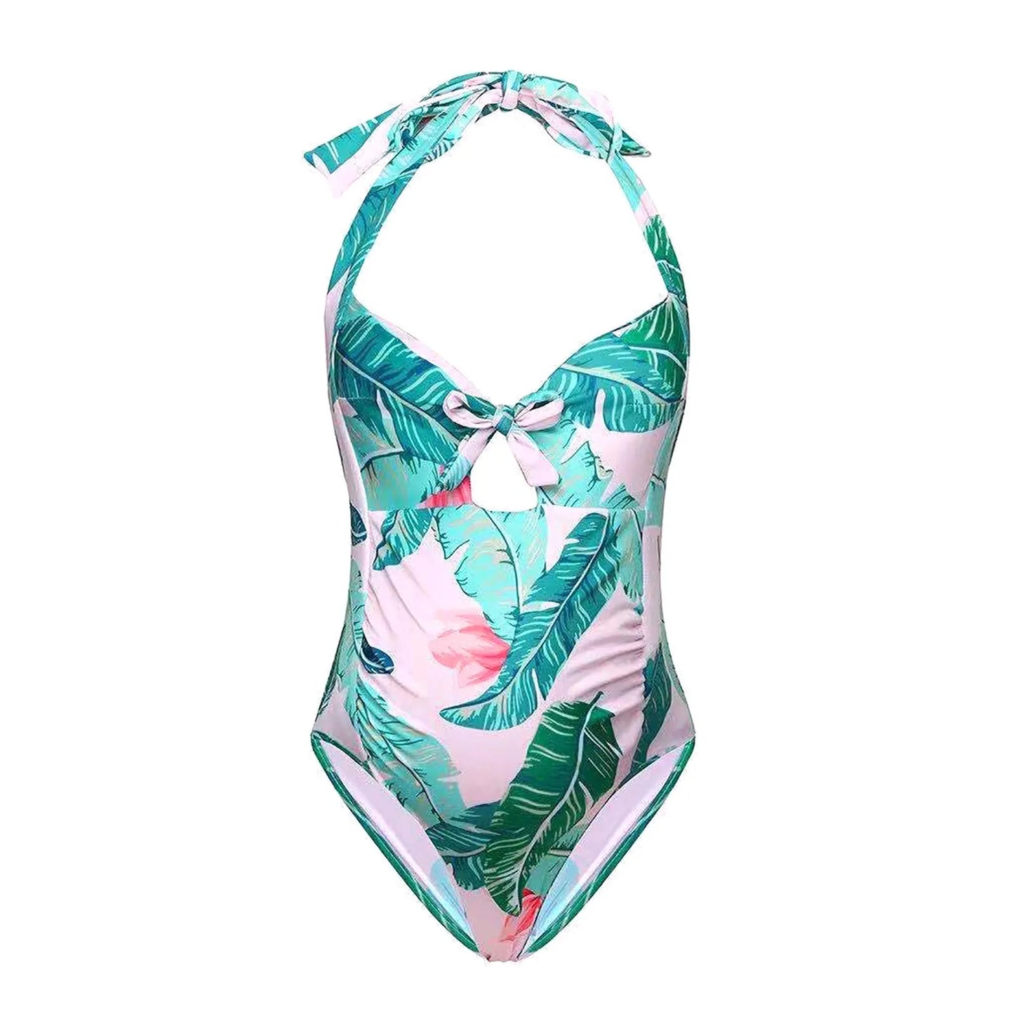 Un Maillot de Bain Vert Femme Enceinte une pièce à imprimé tropical unique avec un col licou et un nœud sur le devant de BREEZEBEEZ.