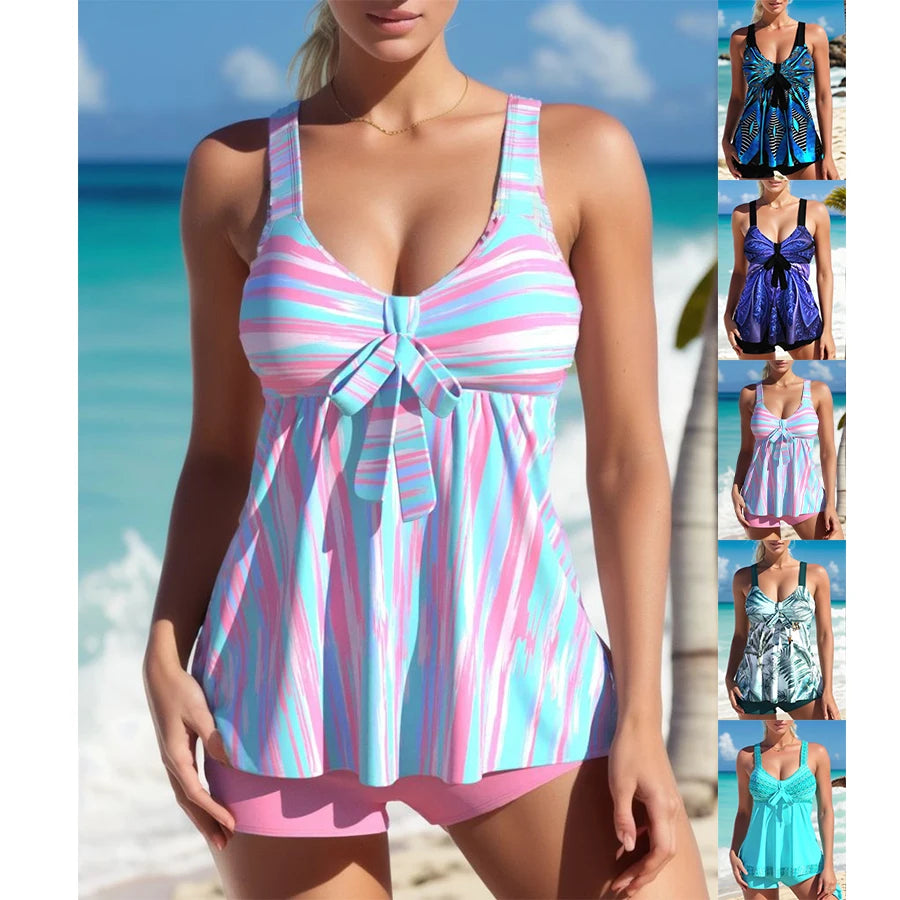 Un collage présentant une sélection vibrante de hauts de bain BREEZE BEEZ Maillot de Bain Femme 2 Pièce Bikini S-6XL présentant différents motifs et couleurs sur un fond de plage tropicale, célébrant "au soleil" près de la mer.